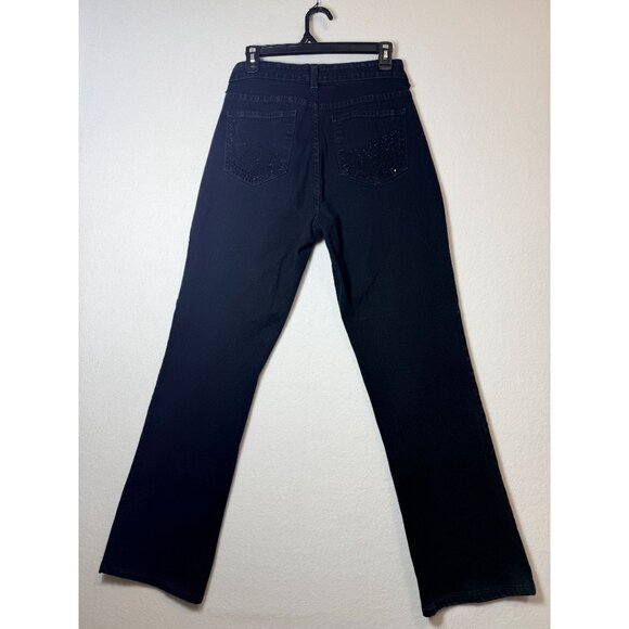 NYDJ Womens Black Straight-Leg Jeans With Rhinestone Back Pockets Size 8 Made In - Picture 3 of 13